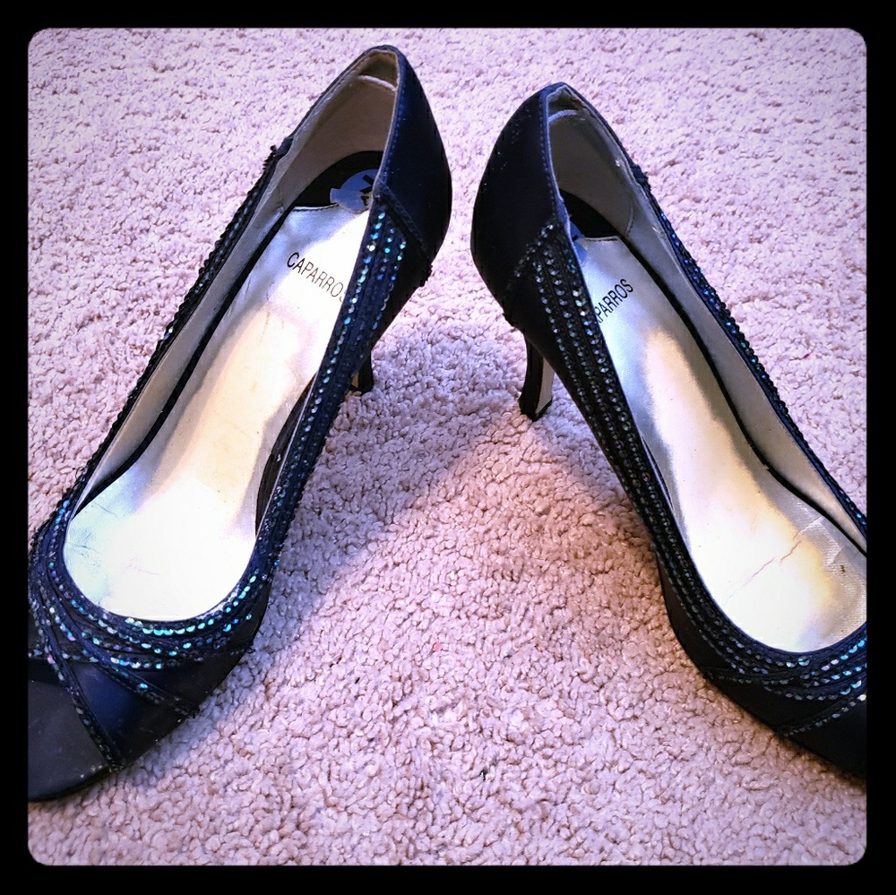 Sequin peep toe heels